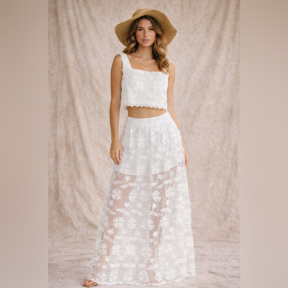 Elegant White Lace Maxi Skirt With Shorts / Lace Crop Set